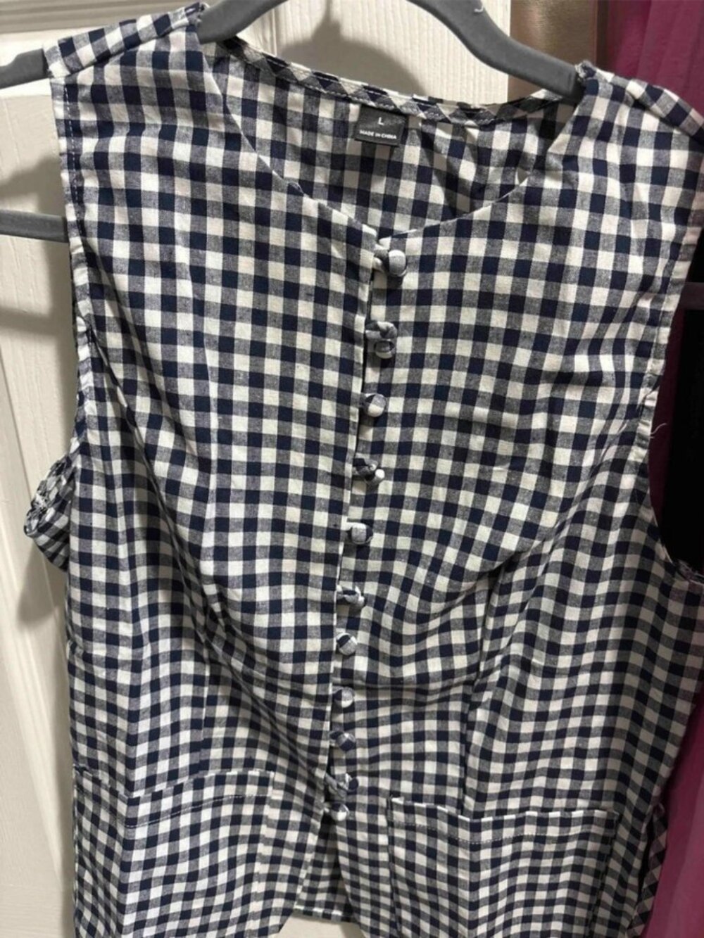 Women's Cotton Navy White Gingham Sleeveless Button Front Summer Blouse Shirt - Picture 5 of 6